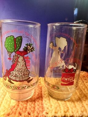 Coca-Cola Holly Hobbie Holiday Glasses with Red and Green Accents. Set Of 4